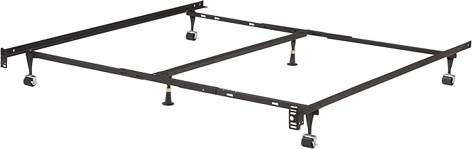 Heavy Duty 6-Leg Adjustable Universal Twin/Full/Queen/King Metal Bed Frame with Double Center Support Rug Rollers & Locking Wheels