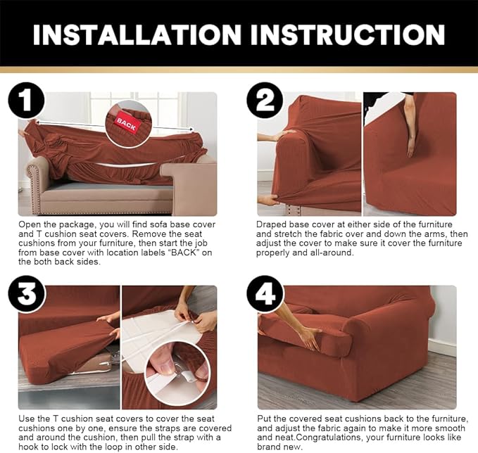 PrinceDeco T Cushion Loveseat Slipcover - 3 Pieces Sofa Cover for 2 Cushion Couch with 2 Individual T Shape Seat Covers Width Up to 76 Inch - Stretch, Machine Washable, Rust