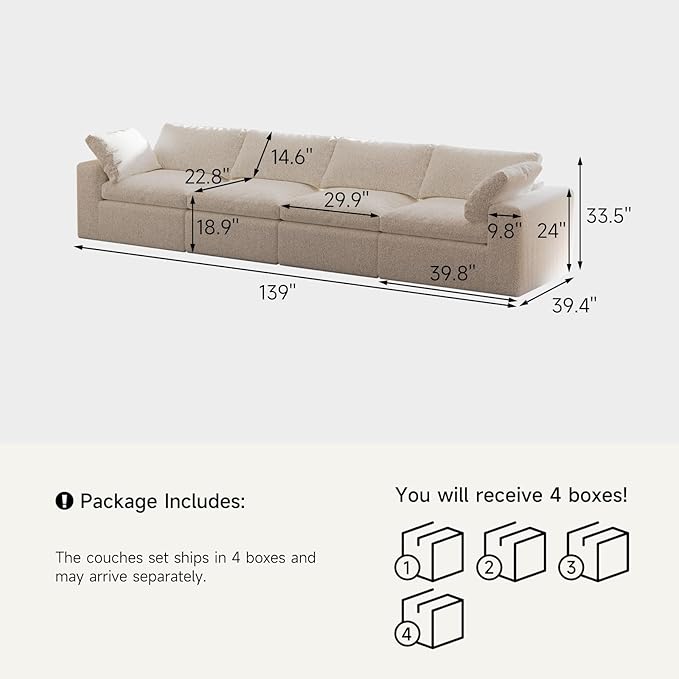 140’’ Oversized Boneless Couch for Living Room, Cloud Couch Modular Sectional Free Combination with Washable Cushion Cover, No Assembly Required, White (4-Seat)