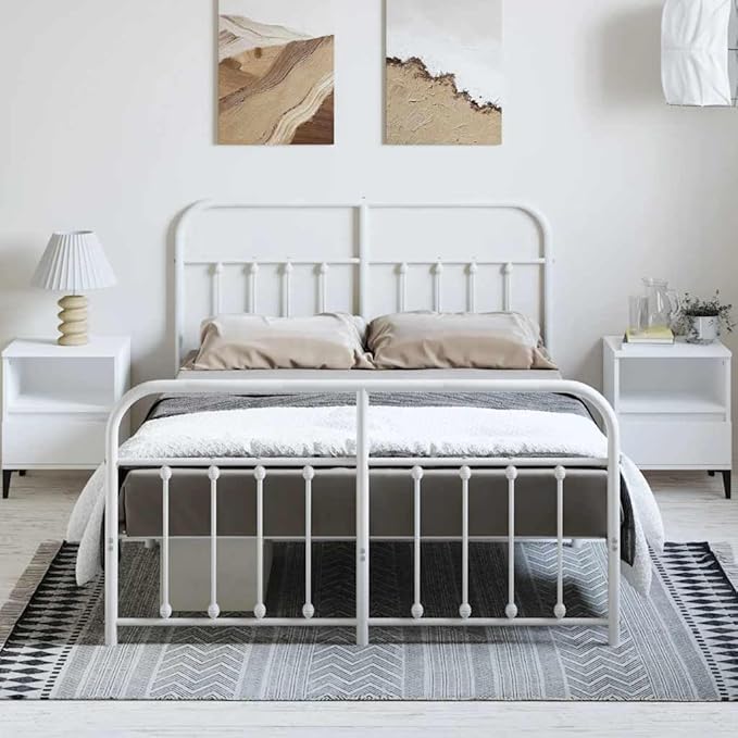 Bed Frame White Steel Bed headboard for Living Room 59 x 79 in Durable Frame