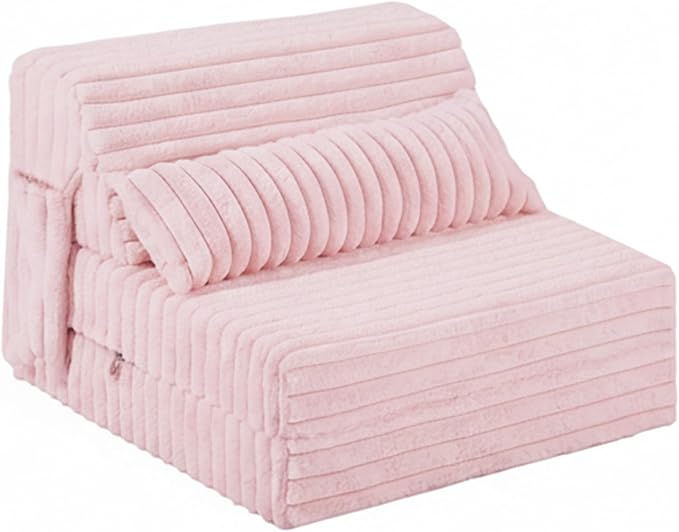 Tiita Folding Sofa Bed - 4-Fold Convertible Sleeper Chair with Corduroy Cover and Rectangular Pillow, Floor Sofa Mattress for Adults, Single Size, Pink