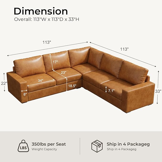ELUCHANG 113" V-Shaped Modular Sectional Sofa Couch, Modern 5-Seat Premium Faux Leather Deep Seat Sofa with Corner, Removable Cover, Easy Assembly, Large Sofas & Couches for Living Room, Office, Brown | Spring Cushions, Easy to Clean