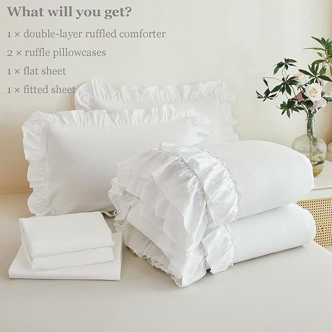 ANGIYUIN 5 Pieces White Ruffle Comforter Queen Size Double Ruffled Fluffy Bedding Sets with Sheets Soft Lightweight Shabby Bed in A Bag Soft Microfiber Bed Sets for Women Men(White Queen)
