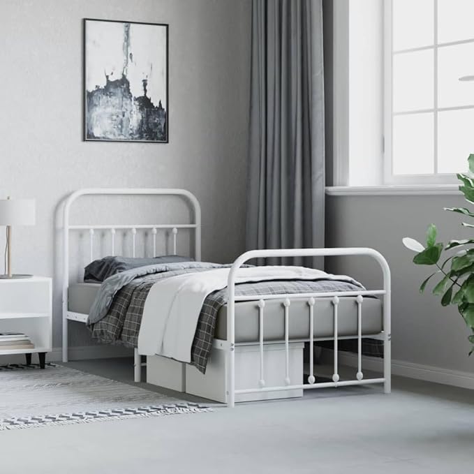 Bed Frame White Powder-Coated Steel Double Bed Bedroom Furniture for Living Room 35.4x74.8 in Frame