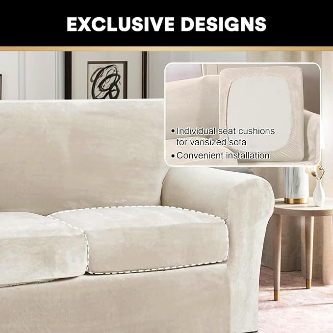 PrinceDeco Velvet Couch Covers for Sofa Soft 4 Pieces Couch Covers for 3 Cushion Couch Sofa Pet Friendly Furniture Protector with Non Slip Elastic Bottom Width Up to 97 Inch (Large Sofas, Ivory)