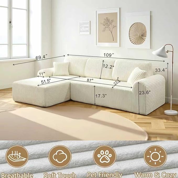 109“L-Shaped Sectional Sofa Boneless Couch Upholstery Cloud Modular Couch with Chaise No Assembly Required Corduroy Fabric Combination Deep Seat Living Room Bedroom (Cream, Left Hand Facing)