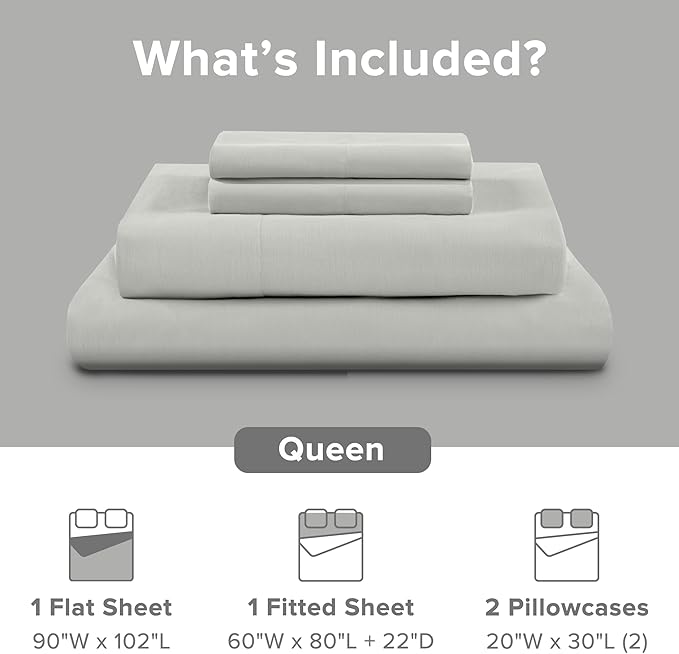 Comfort Spaces Extra Deep Pocket, 100% Cotton Queen Fits up to 24" Mattress, Breathable, Naturally Cool Cotton, Soft Cotton Sheets, All Seasons Sheet Set, Grey 4 Piece