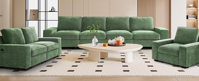 TEKAMON 100" Modular Sofa with Seats Storage, Comfy 3-Seater Chenille Fabric Couch for Living Room, Office, Apart W/Deep Seat, USB Charging, Upholstered Couch with Removable Cover(Green)