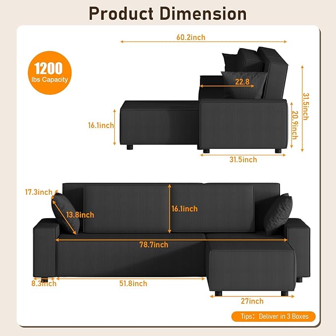 GAOMON Fine Stripe Corduroy Sectional Sofa, l Shaped Modern Corduroy Couch, Comfy Sofa Couch with Deep Chaise for Living Room, Apartment, Hotel, 96" w*61" d*32" h, Black