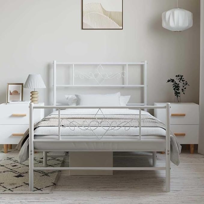 Modern Single Metal Bed Frame with White Finish, Sturdy Steel Construction for Bedroom, Easy Assembly, Compact Size 39.4" x 78.7" for Guest Room or Small Space