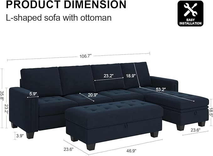 Belffin Velvet Convertible 4-Seat Sectional Sofa with Reversible Chaise L Shaped Sofa Couch Furniture Sets Sectional Couch with Storage Ottoman Blue