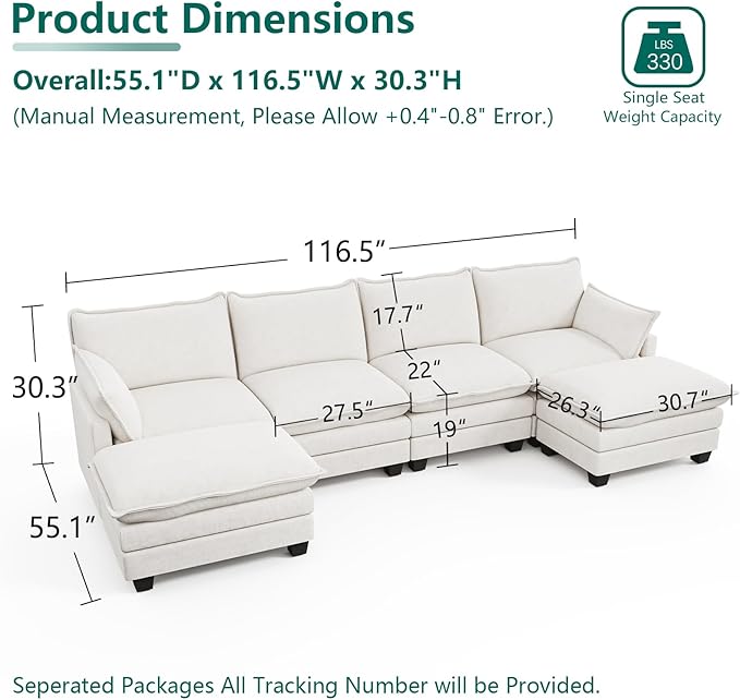 Modular Sectional U Shaped Sofa Couches for Living Room, Cloud Couch with Movable Ottoman, Comfy Chenille Sofa with Pillow for Bedroom and Apartment,Beige