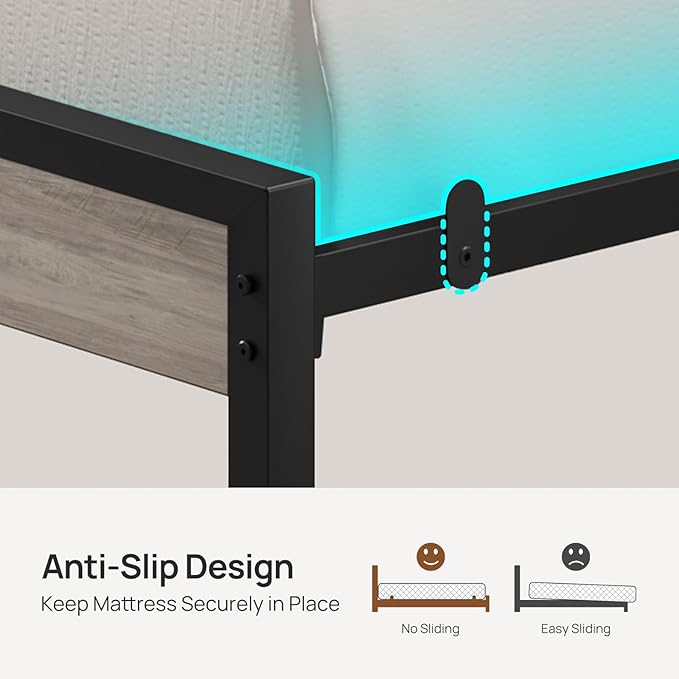 Rolanstar Bed Frame King Size with USB Charging Station, LED Bed Frame with Wood Storage Headboard, Light Grey Metal Platform Bed with Under Bed Storage, No Box Spring Needed, Noise Free