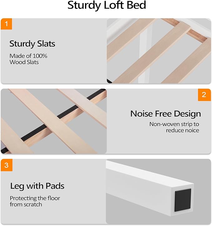 VINGLI Junior Low Loft Bed with Stairs, White Wood Loft Bed Full Size for Adults, Kids and Young Teens, No Box Spring Required,Wood Slat Support