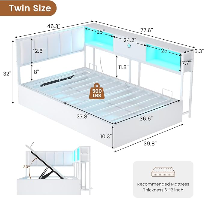 Hasuit Corner Twin Lift Up Storage Bed Frame with Charging Station & LED Lights, Twin Day Bed with Upholstered Headboard and Bookcase, Corner Beds with Hydraulic for Kids Teens Guests, White