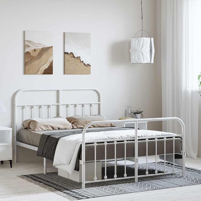 Bed Frame White Powder-Coated Steel Single Bed headboard for Living Room 53.1x74.8 in