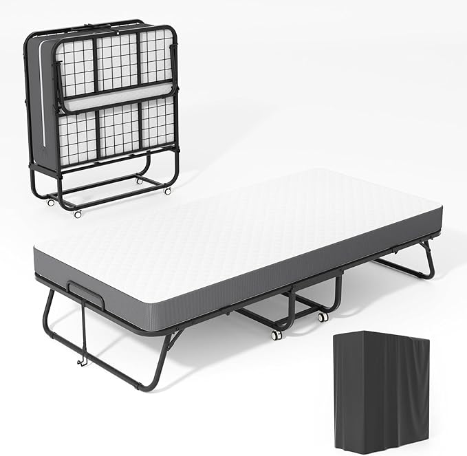 75" x 38" Twin Folding Bed with 5" Memory Foam Mattress – Foldable Rollaway Guest Bed with Wheels & Metal Frame, Portable for Apartments, Adults, and Home Use