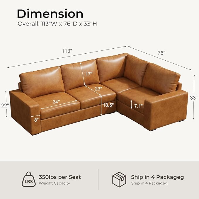 ELUCHANG 113" V-Shaped Modular Sectional Sofa Couch, Modern 4-Seat Premium Faux Leather Deep Seat Sofa with Corner, Removable Cover, Easy Assembly, Large Sofas & Couches for Living Room, Office, Brown | Spring Cushions, Easy to Clean