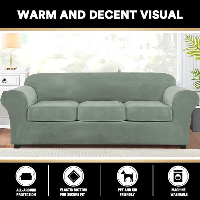 PrinceDeco PriceDeco Velvet XL Couch Cover for Oversized Sofa 4 Piece Sofa Covers for 3 Cushion Couch Washable Furniture Protector with Non Slip Elastic Bottom Width Up to 97 Inch(X-Large, Seagrass)