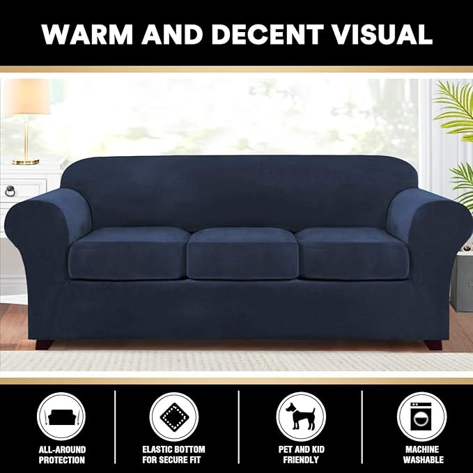 PrinceDeco Velvet Couch Covers for Sofa Soft 4 Pieces Couch Covers for 3 Cushion Couch Sofa Pet Friendly Furniture Protector with Non Slip Elastic Bottom Width Up to 90 Inch (Large, Navy)