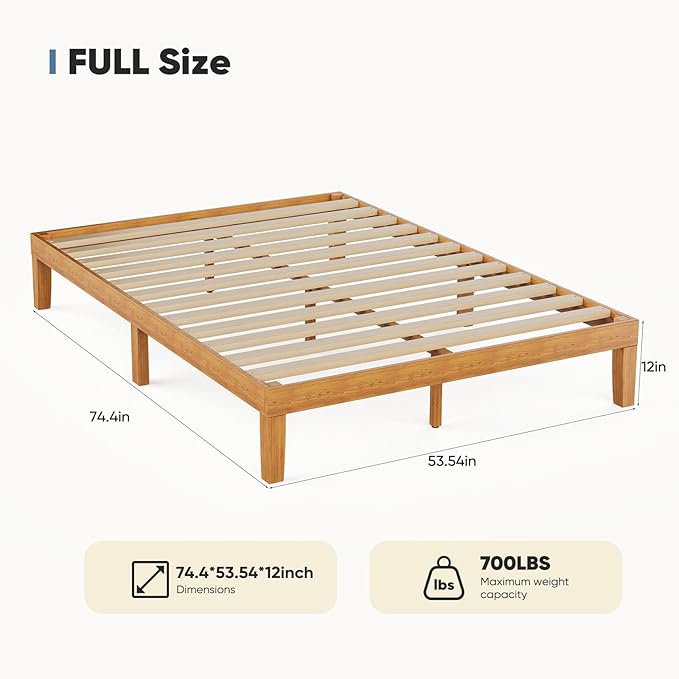 Sweetcrispy Full Size Wood Platform Bed Frame, Solid 700LBS Heavy Duty Bed Base with Wooden Slat Support, Sturdy, Stylish & Noise-Free Design, No Box Spring Needed, 12IN Natural Pine