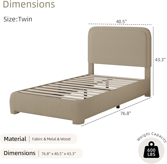 BarnFurin Twin Bed Frames with Headboard,Cloud Boucle Upholstered Platform Bed, Soft Rounded Corners, No Box Spring Needed, Non-Slip and Noise-Free, Easy Assembly, Beige