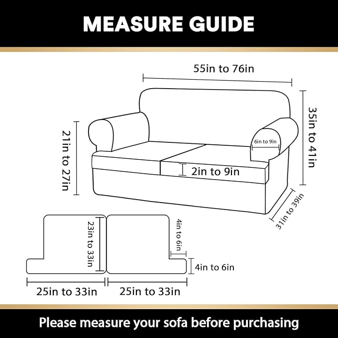 PrinceDeco T Cushion Loveseat Slipcover - 3 Pieces Sofa Cover for 2 Cushion Couch with 2 Individual T Shape Seat Covers Width Up to 76 Inch - Stretch, Machine Washable, Porcelain