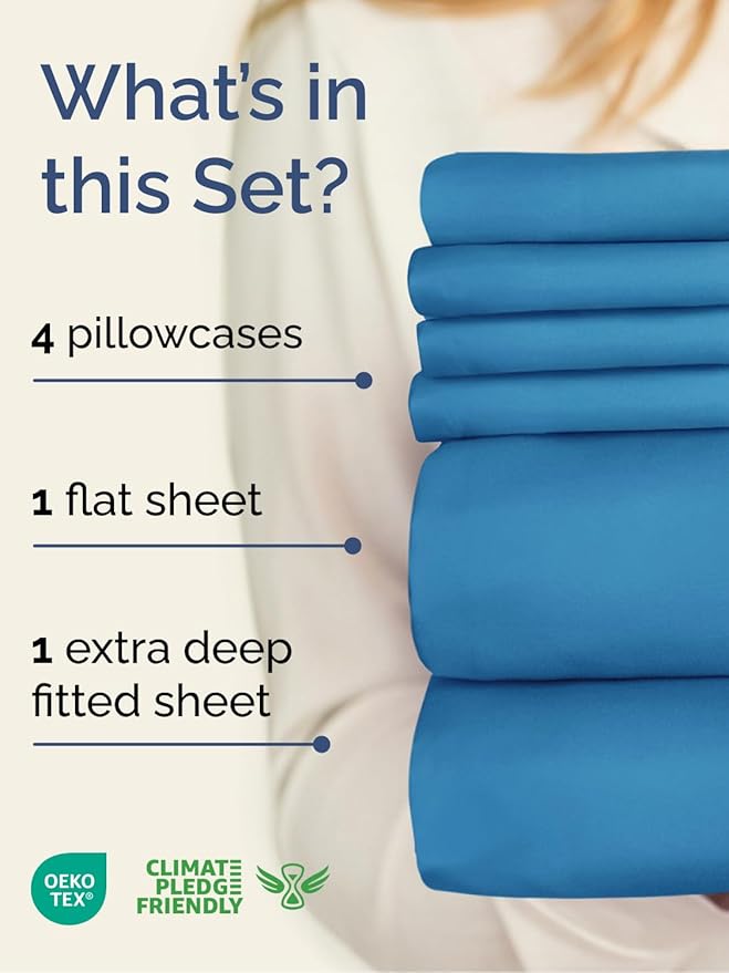 Extra Deep Cal King Sheet Set - 6 Piece Breathable and Cooling Sheets - Hotel Luxury Bedding for Women, Men, Kids & Teens - Easy & Secure Fit - Soft and Wrinkle Free - Extra Deep Pockets - Denim Blue