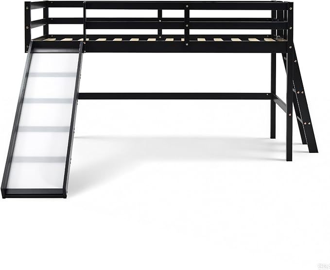 VINGLI 47 Inches Medium High Loft Bed with Slide, Space Saving Kids Low Loft Bed Twin Size with Guardrail and Flat Ladder, Pine Wood Bed Frame for Boys and Girls, Black