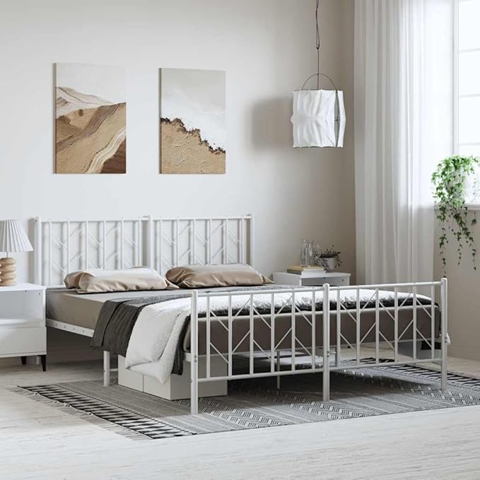 Bed Frame White Steel King Size Bed Frame Rectangular Easy Assembly for Bedroom
