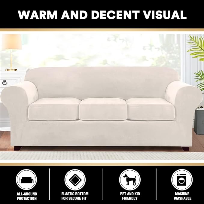 PrinceDeco Velvet Couch Covers for Sofa Soft 4 Pieces Couch Covers for 3 Cushion Couch Sofa Pet Friendly Furniture Protector with Non Slip Elastic Bottom Width Up to 90 Inch (Large, Ivory)