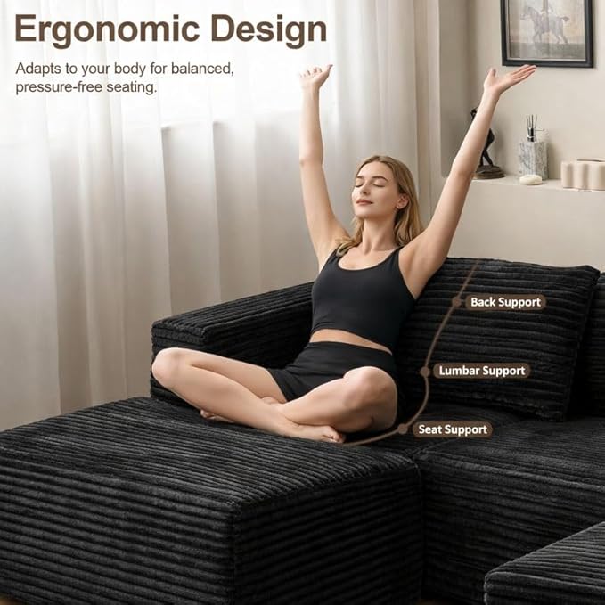 110" Boneless Couch with 2 Ottomans, Corduroy U-Shaped Modular Cloud Sofa with Deep Seats, Ergonomic Memory Foam Couches for Living Room, No Assembly Sectional Sofas, 5 Seater, Black