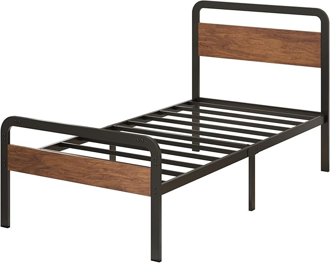 Richwanone Twin Bed Frames with Wood Headboard and Footboard,14 Inch Metal Platform Frame with Steel Slat Support, No Box Spring Needed, Easy Assembly, Black
