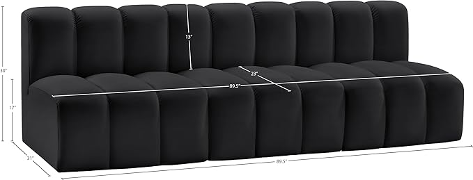 Meridian Furniture 101Black-S3F Arc Collection Modern | Contemporary Modular Sofa with Soft Black Vegan Leather, Deep Channel Tufting, Modular Design, 89.5" W x 31" D x 30" H, Black