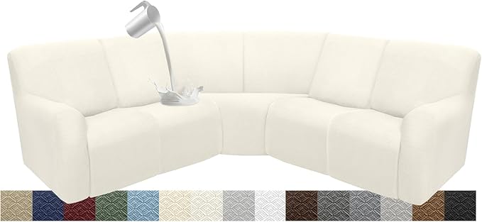 Waterproof Reclining Sectional Couch Covers Washable L Shaped Couch Cover for Sectionals Recliner Sofa Covers Stretch Corner Recliner Slipcovers for Dogs (5 Seater Cover, Cream)