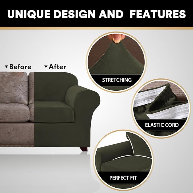 PrinceDeco Velvet Couch Cover Loveseat Covers for 2 Cushion Couch 3 Piece Sofa Covers for Dogs Washable Loveseat Covers Width Up to 72 Inch No Slip Stretch Sofa Slipcover(Medium, Olive)