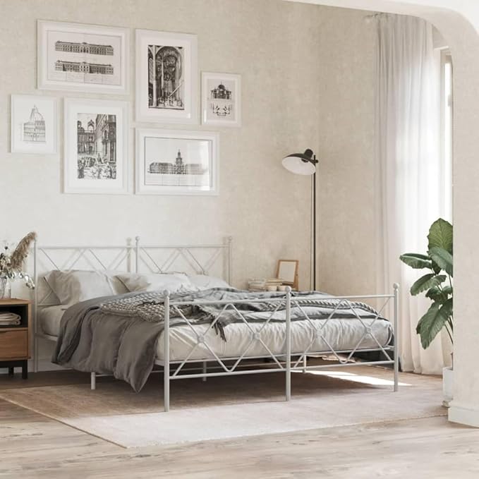 King Size Bed Frame with Headboard and Footboard, Sturdy Steel Construction in Minimalist White Finish for Modern Bedroom Decor and Storage Space