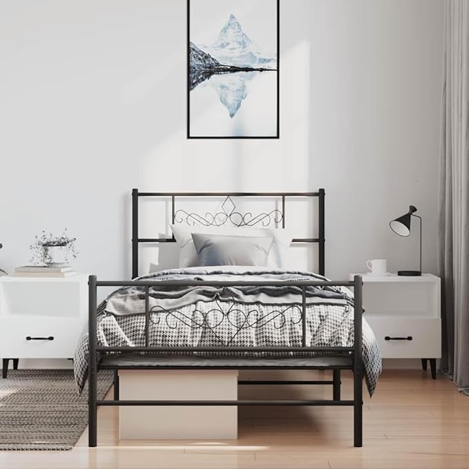 Modern Black Powder-Coated Steel Bed Frame, Single Platform for Mattress, No Box Spring Needed, 11.8 Inch Under-Bed Storage Space, Sturdy Bedroom Furniture