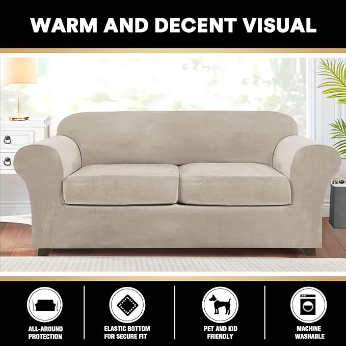 PrinceDeco Couch Cover Velvet Plush Sofa Covers for 2 Cushion Couch Width Up to 90 Inch Washable Furniture Protector Pet Friendly No Slip Sofa Slipcover(Medium-Large, French Oak)