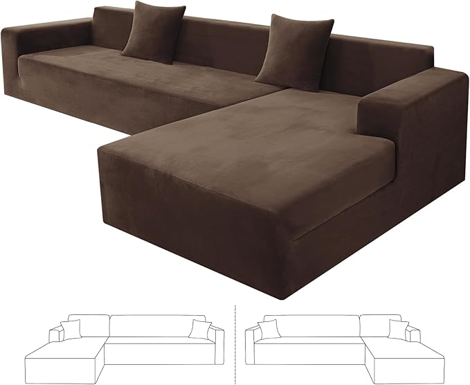 ZNSAYOTX 2026 Soft Velvet Sectional Couch Covers, Luxury Plush Slipcovers with Elastic Bottom for L Shape Sectional Sofa, 2 Pcs Pet Friendly Protector (3 Seat Couch + 3 Seat Chaise, Dark Coffee)