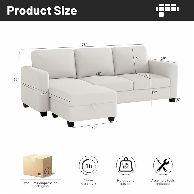 Youmumeub Sectional Sofa and Couches for Living Room - 78''L Shaped Beige Couch Pet Friendly Modular 3-Seater Convertible Sofas-Suitable for The Living Room, Apartment or Bedroom