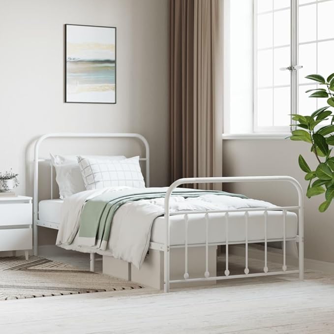 Bed Frame White Powder-Coated Steel Twin Bed Frame Rectangular headboard Bedroom Furniture for Guest Room