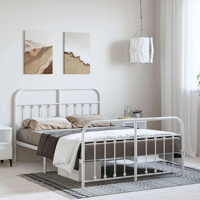 Bed Frame White Steel Bed headboard for Living Room 59 x 79 in Durable Frame