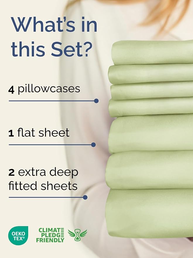 Extra Deep Split King Sheet Set - 7 Piece Breathable and Cooling Sheets - Hotel Luxury Bedding for Women, Men, Kids & Teens - Easy Secure Fit - Soft & Wrinkle Free - Extra Deep Pockets - Light Sage