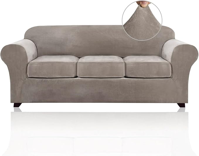 PrinceDeco Velvet Couch Covers for Sofa Soft 4 Pieces Couch Covers for 3 Cushion Couch Sofa Pet Friendly Furniture Protector with Non Slip Elastic Bottom Width Up to 90 Inch(Large, Taupe)
