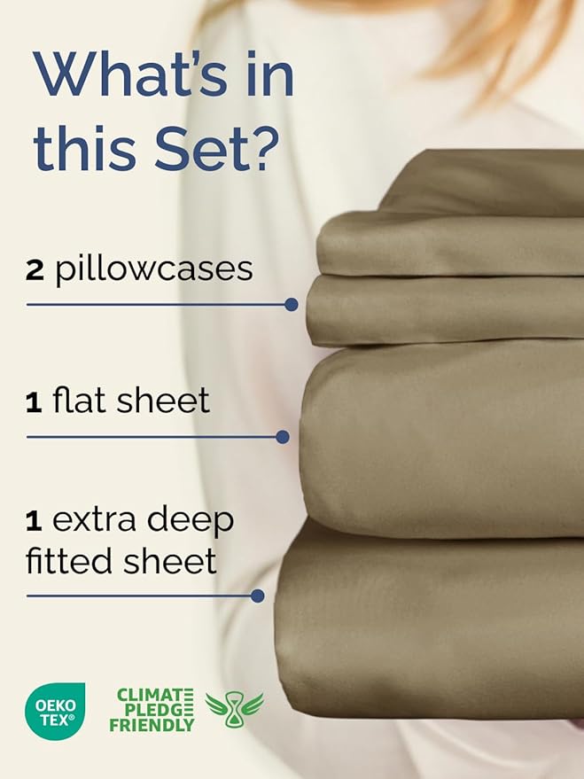 Extra Deep Twin XL Sheet Set - 4 Piece Breathable and Cooling Sheets - Hotel Luxury Bedding for Women, Men, Kids & Teens - Easy & Secure Fit - Soft, Wrinkle Free and Comfy - Extra Deep Pockets - Khaki