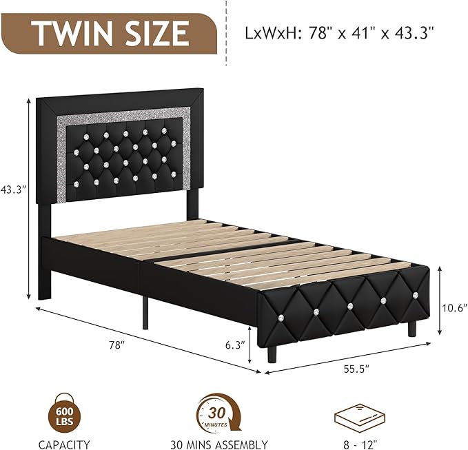 Twin Bed Frame, Faux Leather Platform Bed with Upholstered Diamond Headboard, Mattress Foundation with Strong Wooden Slats Support, No Box Spring Required, Easy Assembly, Black
