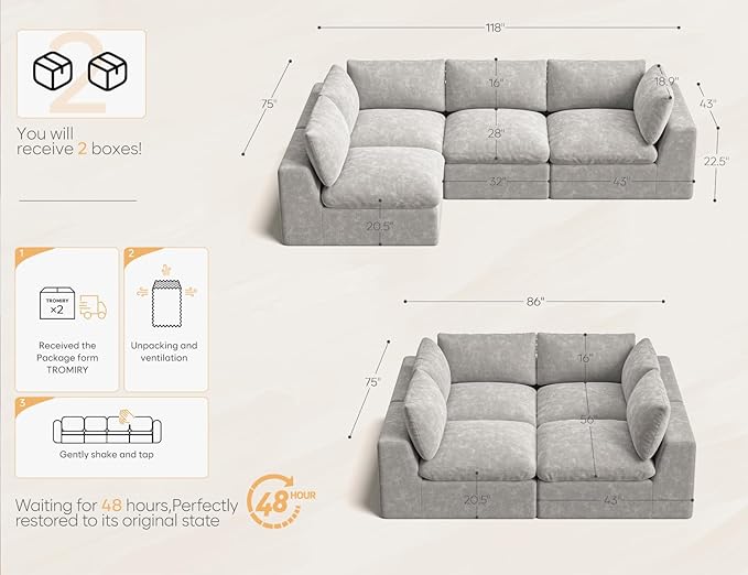 120" Cloud Sectional Couch | Oversize Boneless Couches for Living Room | 4 Seater L-Shape Sofa | Light Grey