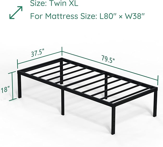 DiaOutro 18 Inch Twin XL Bed Frame Heavy Duty No Box Spring Needed Metal Platform with Maximum Storage, Easy to Assembly, Noise Free, Black