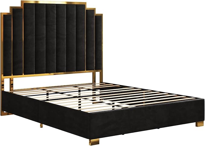 AMERLIFE California King Size Upholstered Bed, Modern Velvet Bed Frame with 65.4” Tall Gold Trim Headboard, No Box Spring Needed, Black